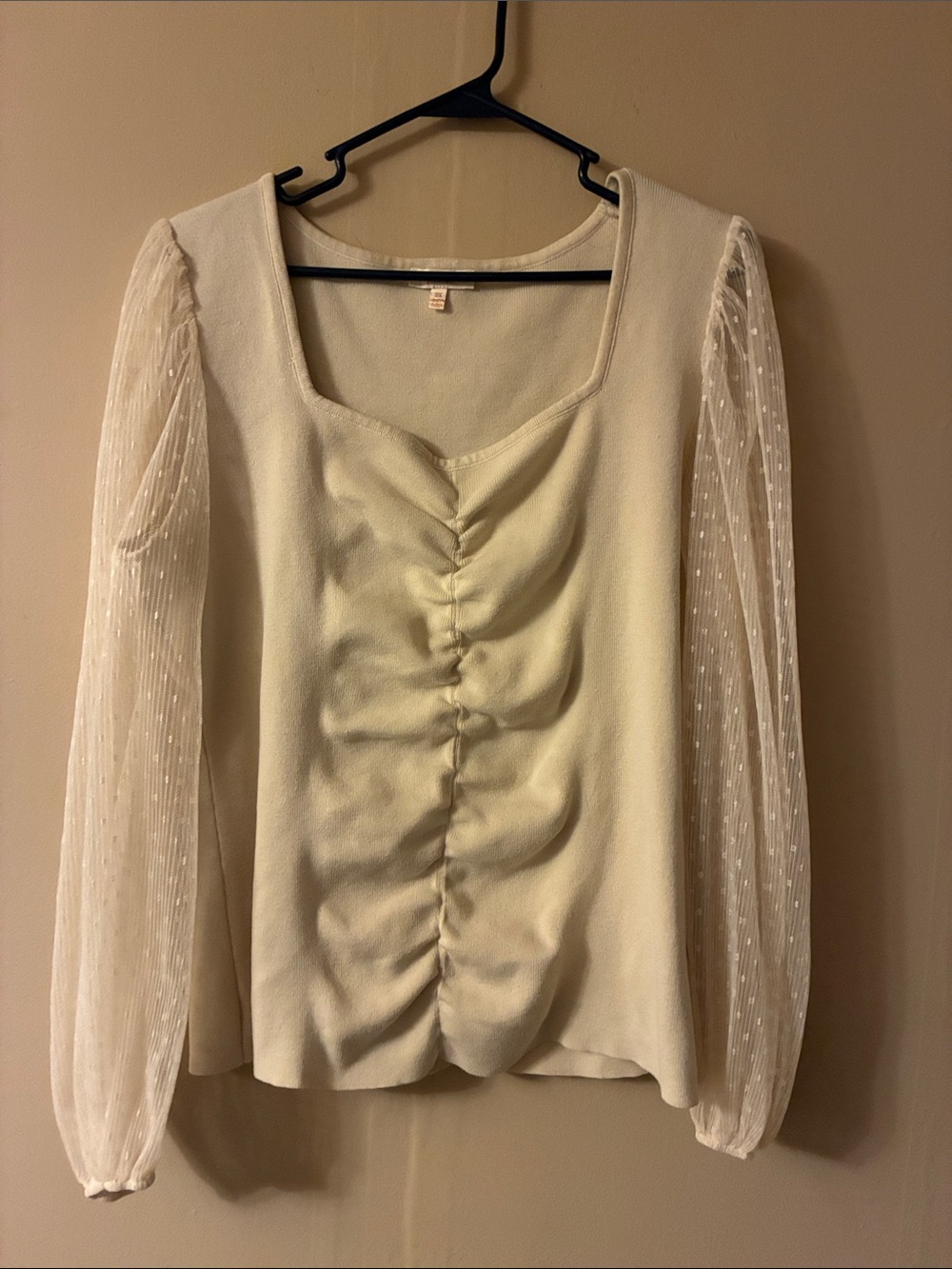 Women’s Cream Ruched Front Top with Sheer Dot Sleeve